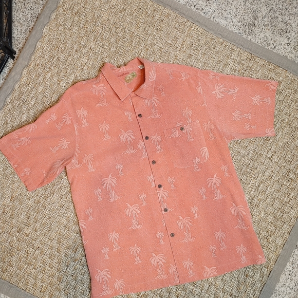 CARIBBEAN PALM PRINT WOVEN SILK BLEND SHORT SLEEVE SHIRT, CORAL XL - Picture 4 of 9